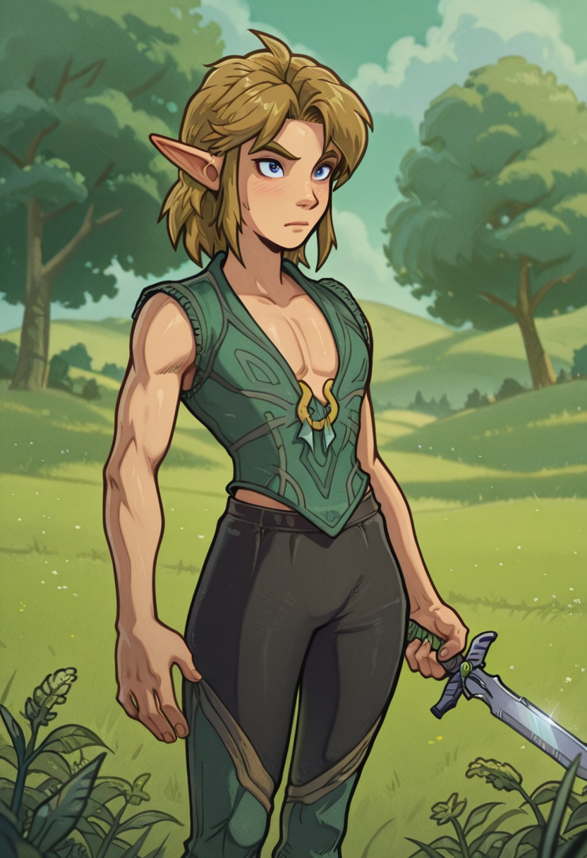 masterpiece, best quality, amazing quality, 1boy, solo,
,1girl , wearing shCampOutfit, pants, green field, link, holding a short sword, 
, <lora:shCampOutfitIllustrious:1>, <lora:Akabur_Illustrious:1> Akaburstyle