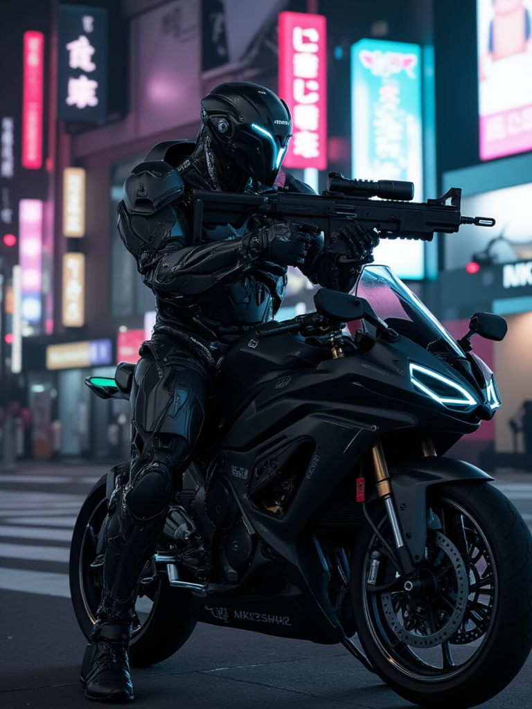 w1z_m4ch1n4. futuristic armored black robot cyborg cyber armor with futuristic assault rifle, posing in front of futuristic black bike on Tokyo, night scene
