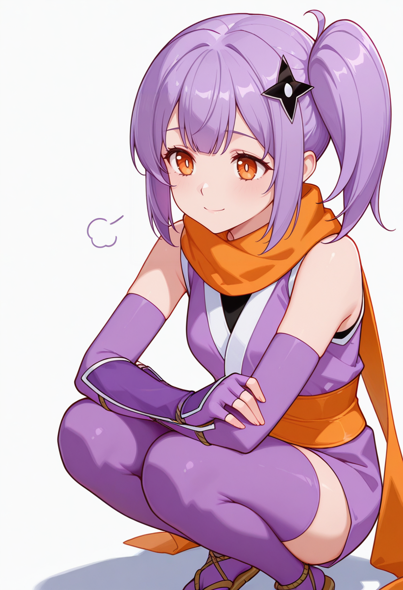 masterpiece,high quality details, absurdres,
 <lora:Satoko_Kusagakure:0.8>
satoko_cnr, 1girl, purple hair, long hair, side ponytail, bangs, orange eyes,hair ornament,sidelocks, enh_cnr,
satoko_s1, ninja, japanese clothes,short kimono, sleeveless, sash, scarf, purple thighhighs, sandals, fingerless gloves, elbow gloves,, simple background, white background, front view,solo,, sad smile,despair,, uwu,