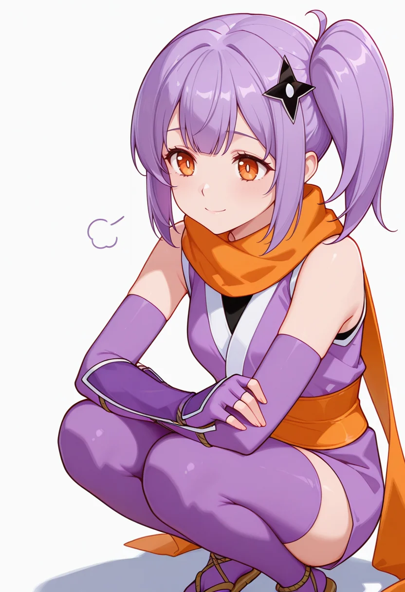 masterpiece,high quality details, absurdres,
<lora:Satoko_Kusagakure:0.8>
satoko_cnr, 1girl, purple hair, long hair, side ponytail, bangs, orange eyes,hair ornament,sidelocks, enh_cnr,
satoko_s1, ninja, japanese clothes,short kimono, sleeveless, sash, scarf, purple thighhighs, sandals, fingerless gloves, elbow gloves,, simple background, white background, front view,solo,, sad smile,despair,, uwu,