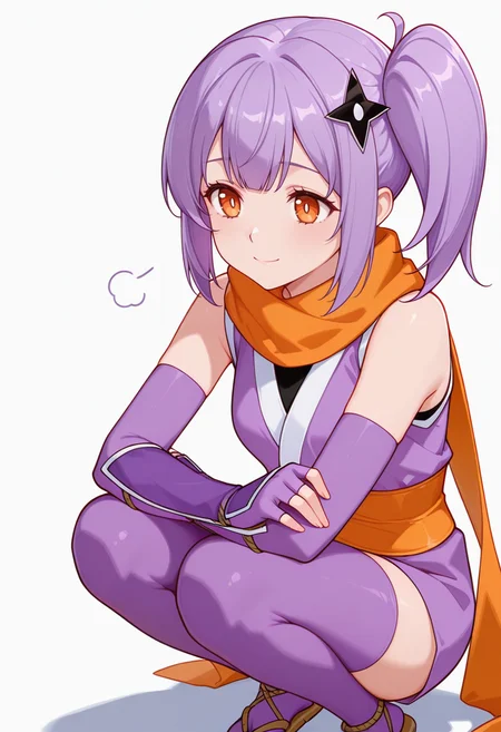 masterpiece,high quality details, absurdres,
 <lora:Satoko_Kusagakure:0.8>
satoko_cnr, 1girl, purple hair, long hair, side ponytail, bangs, orange eyes,hair ornament,sidelocks, enh_cnr,
satoko_s1, ninja, japanese clothes,short kimono, sleeveless, sash, scarf, purple thighhighs, sandals, fingerless gloves, elbow gloves,, simple background, white background, front view,solo,, sad smile,despair,, uwu,