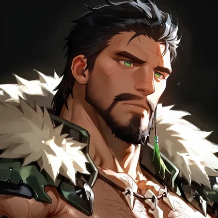 upper body, 
<lora:Kraven_the_Hunter_Sergei_Kravinoff__Marvel-000009:.9> Kraven the Hunter (Sergei Kravinoff), Black hair, green eyes, Moustache,, fur-trimmed cape, tribal necklace, tribal arm rings, tribal leg rings, Dark skin,
(short hair), male focus, muscular male, large pectorals,  muscular male, bara, mature, (hairy body, body hair, hairy body, glossy skin, bara, mature, facial hair, beard, sideburn, beard, full beard, stubble), facial hair, bara, mature, body hair, aixiwuganda_(20222192), very awa, masterpiece, best quality, absurdres, newest, perfect quality, detailed background, intricate details <lora:slider_Body Type_alpha1.0_rank4_noxattn_last:2><lora:Anime Summer Days 2 Style SDXL_LoRA_Pony Diffusion V6 XL:.6><lora:merged:.5>, DARK, DARK BACKGROUND, LOW-KEY LIGHTING <lora:slider_cfg_scale_boost:.7><lora:Artist6p:.55>, Artist6p, Artist04p<lora:style_Heavenly_Beauty_r1:1>, (heavenlybeauty,) <lora:slider_il_contrast_slider_d1:-.7>