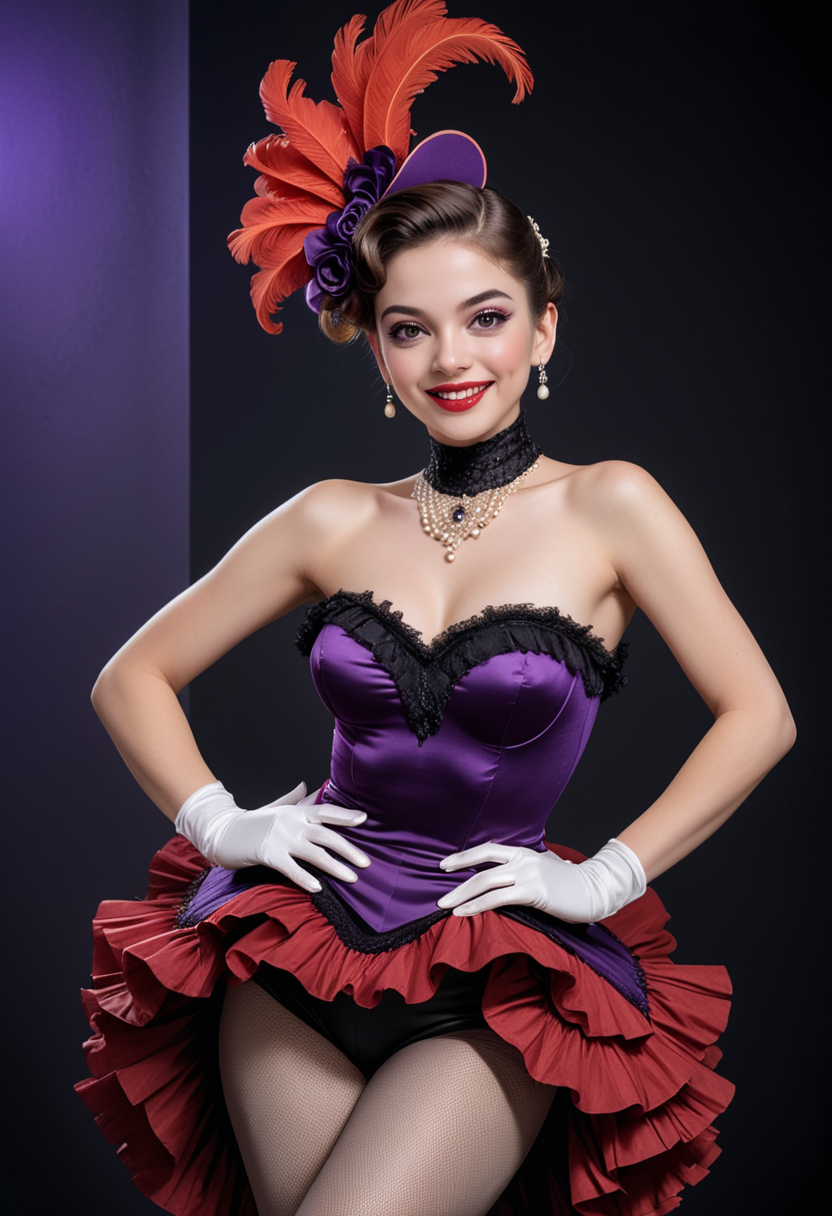 (medium full shot) of (dazzling French cancan dancer) young woman, Average build, long dark french twist hair, philippine, pale skin, hazel eyes, wearing a fascinator, purple silk bodice with intricate details, velvet pants with elegant design, fishnet tights, leather pumps with pointed toe,  bold red lipstick, pearl necklace, ruffled choker lace gloves, set in  a modern theater, with sleek lines, contemporary seating, cutting-edge lighting, minimalist decorduring night, woman smiling, detailed face, ,Masterpiece,best quality, photo, realistic, very aesthetic