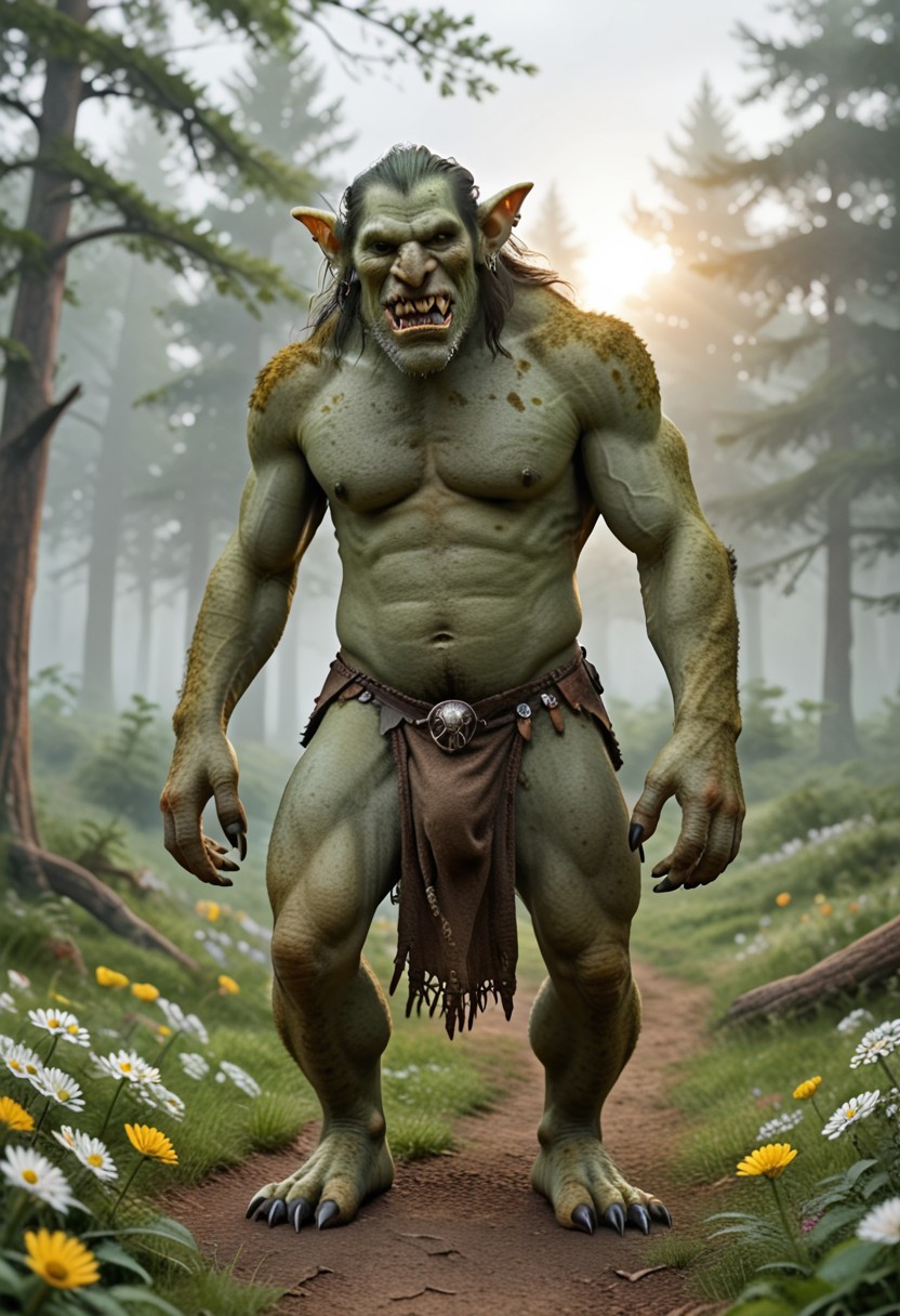 1 Dnd_Troll, the image is a digital drawing featuring 1 fantastical humanoid creatures standing , detailed outdoor background, trees, flowers, birds, sunset, troll, toothy grin, huge, long arms, green skin that transitions from white at the top to light gray at the bottom.  its fur is a mix of dark green and gray appearing rough and unkempt. it has a wild untamed look with sharp jagged teeth visible in its open mouth and its eyes are a piercing yellow. its fur extends down its arms and legs which end in clawed hands and feet. it wears a tattered dirty loincloth made of a dark coarse material cinched at the waist. dnd_troll claws loincloth monster no humans standing horns teeth male focus green skin simple background sharp teeth 1boy colored skin full body tusks  muscular