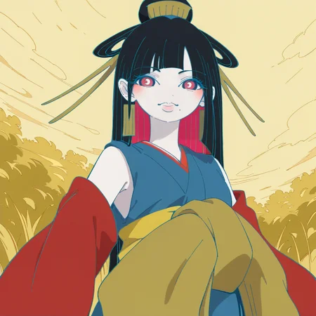 Pokémon style, score_9, score_8_up, score_7_up, score_6_up, score_5_up BREAK t1u5, 1girl, mole under mouth, colored sclera, pink eyes, symbol-shaped pupils, long hair, black hair, blue kimono, sleeveless, earrings, hair stick, hime cut, sidelocks, hair ornament, colored inner hair, yellow obi, red sleeves, detached sleeves, cowboy shot, pale skin, looking at viewer, solo, <lora:tukiGirlPDXL16v0.95cametx1:0.9>, Vibrant, cute, anime, fantasy, reminiscent of Pokémon series