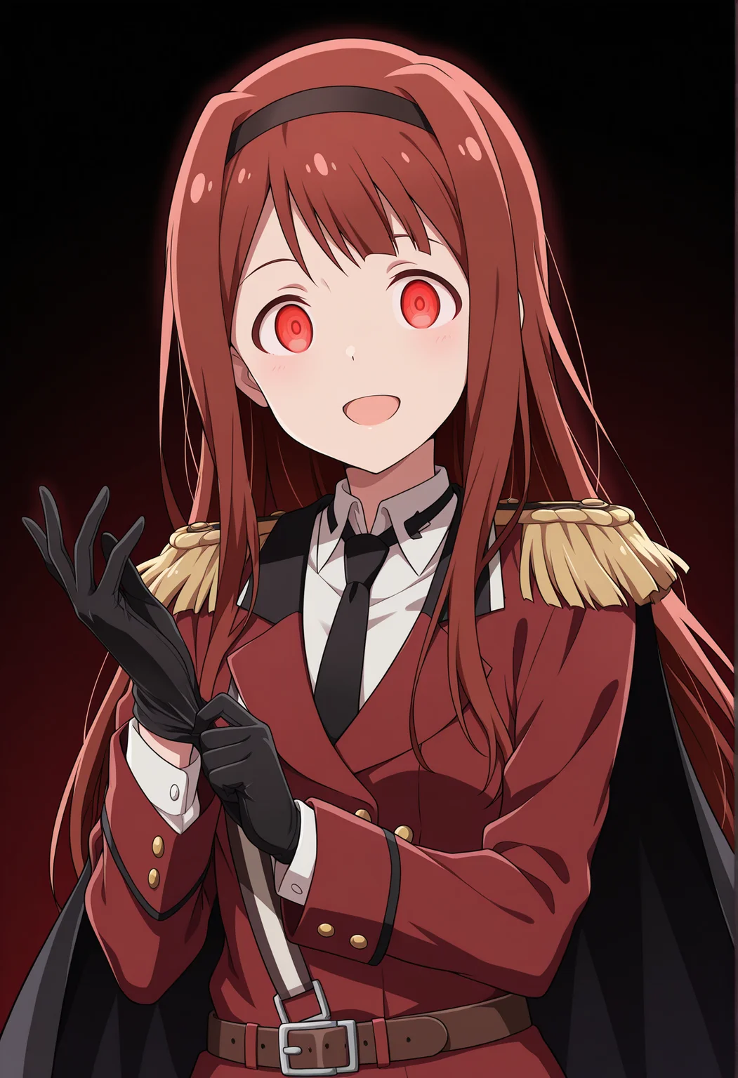 <lora:tanaka_kotoha_ã³ããç·å¸¥_ill_v1.0-000005:1>,tanaka kotoha,brown hair,long hair,hairband,red eyes,crazy eyes,
red military jacket,epaulettes,black gloves,black necktie,belt,black cape,
1girl,solo,anime coloring,
upper body,adjusting gloves,looking at viewer,
dark theme,gradient background,
open mouth,smile,
BREAK, textless version,