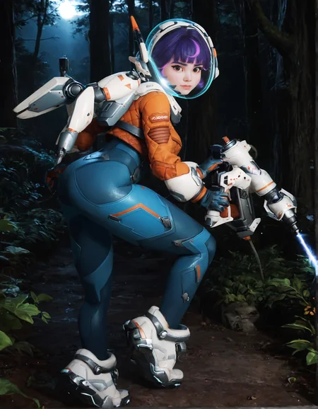 score_9, score_8_up, score_7_up,score_6_up,high resolution,jn0,1girl,forest,short hair,purple hair,spacesuit,space helmet,jetpacket,gloves,shoes,energy gun,volumetric lighting,rim lighting,dof,dramatic shadow,looking at viewer,full body,dynamic pose,looking at viewer,from side,standing