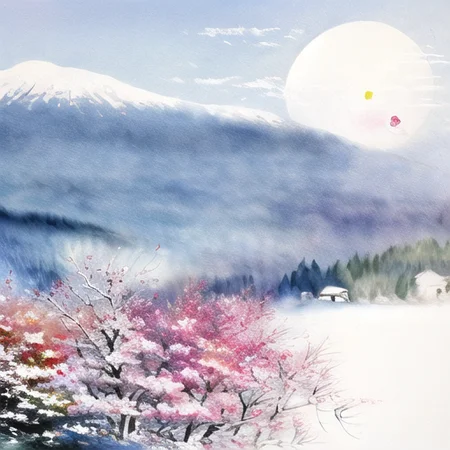 peach blossom, mountain, snow,