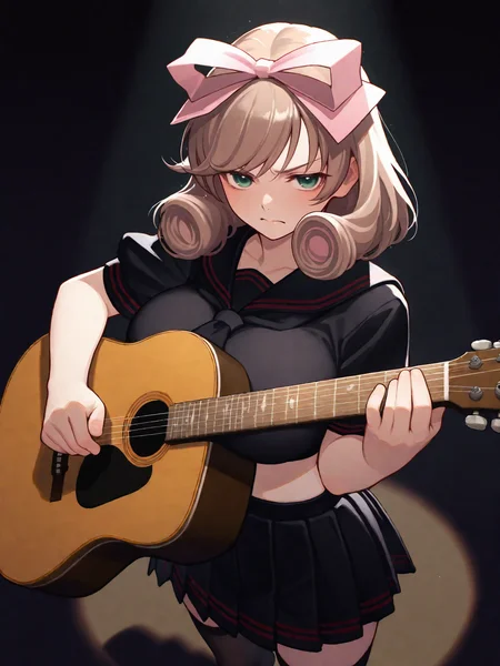 masterpiece, best quality, good quality, masterpiece, best quality, very aesthetic, (tsuvida:0.5)
(solo:1.4), Haruka_IL, light brown hair, short hair, drill hair, hair ribbon, green eyes, large breasts, BREAK, hebijo_outfit, school uniform, black sailor collar, black tie, black serafuku, black shirt, black skirt, pleated skirt, crop top, short sleeves, black legwear, brown loafers
serious expression, playing guitar, acoustic guitar
scene, dark atmosphere, spotlight light
<lora:Haruka_IL:1>
<lora:ponyv5_noobE11_1_adamW:0.7>
<lora:ai_styles_collection_noob_vpred-0.6_v3:0.5>