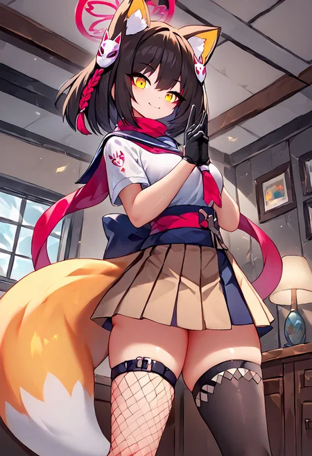 score_9, score_8_up, score_7_up, BREAK source_anime,
masterpiece,8k,uncensored,(highres:1.3),high resolution, unity 8k wallpaper, detailed face, detailed CG, (perfect hands:1.5, perfect anatomy),
(high quality, best quality)
 (curvy:1.45)(shiny skin:1.2) (oily skin:1.2)
izuna kuda, yellow eyes, black hair, animal ears, animal ear fluff, medium hair, fox ears, halo,
Happy, smirk,
by hiroyama_hirosh,
asymmetrical legwear, fishnets, fox hair ornament, fox tail, gloves, hair ornament, pleated skirt, sash, scarf, school uniform, single thighhigh, tail, thigh strap, yellow tail, unware fox mask,
Dynamic pose, dynamic light,
School room,
Hands on chest,(hands together:1.8)(hand_seal) , (ninja_hand_gesture:1.5)
(From below:1.2), (From side:1.2)
(hold on ceiling:1.5),