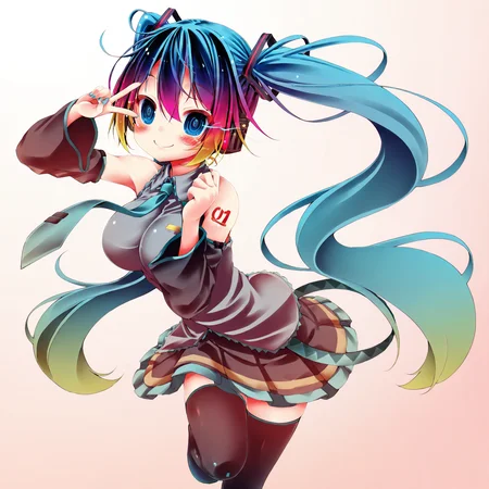 masterpiece, best quality, amazing quality, very aesthetic, absurdres, newest,
<lora:Koushin_Ryo_style_ILLUST-000008:0.95> kamiya yuu parody,
1girl, solo, hatsune miku, blue eyes, blue hair, long hair, long twintails, hair ornament,
large breasts, necktie, detached sleeves, shirt, skirt, thighhighs,
blush, smile, v over eye, gradient hair, multicolored hair, eye trail, dynamic pose,