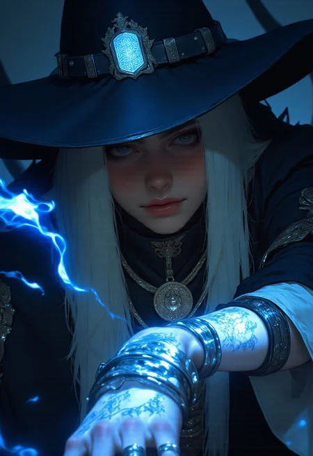 A highly detailed semi-realism anime-style portrait of a mysterious young mage, captured in an intense close-up. She has pale, porcelain-like skin and long, silver-white hair cascading beneath a large, worn witch hat adorned with metallic chains, arcane emblems, and glowing blue enchantments. Her piercing, ethereal eyes glow faintly under shadowed lids, and her face bears faint cracks, giving a slightly otherworldly, cursed appearance.
She extends one hand forward, showcasing ornate silver rings and a bold, intricate tattoo across her fingers and forearm, reminiscent of dark magic sigils. The light blue glow from magical energy subtly reflects off her pale skin, enhancing the sense of power and mystique. Her expression is calm but intense—focused and commanding.
The image features sharp contrast and soft depth of field, with blue magical particles and smoke trailing around her, enhancing the dark fantasy aesthetic. The overall tone is cold, arcane, and immersive, blending dark fantasy with high-detail semi-realism. Niji_anime, aidmamj6.1