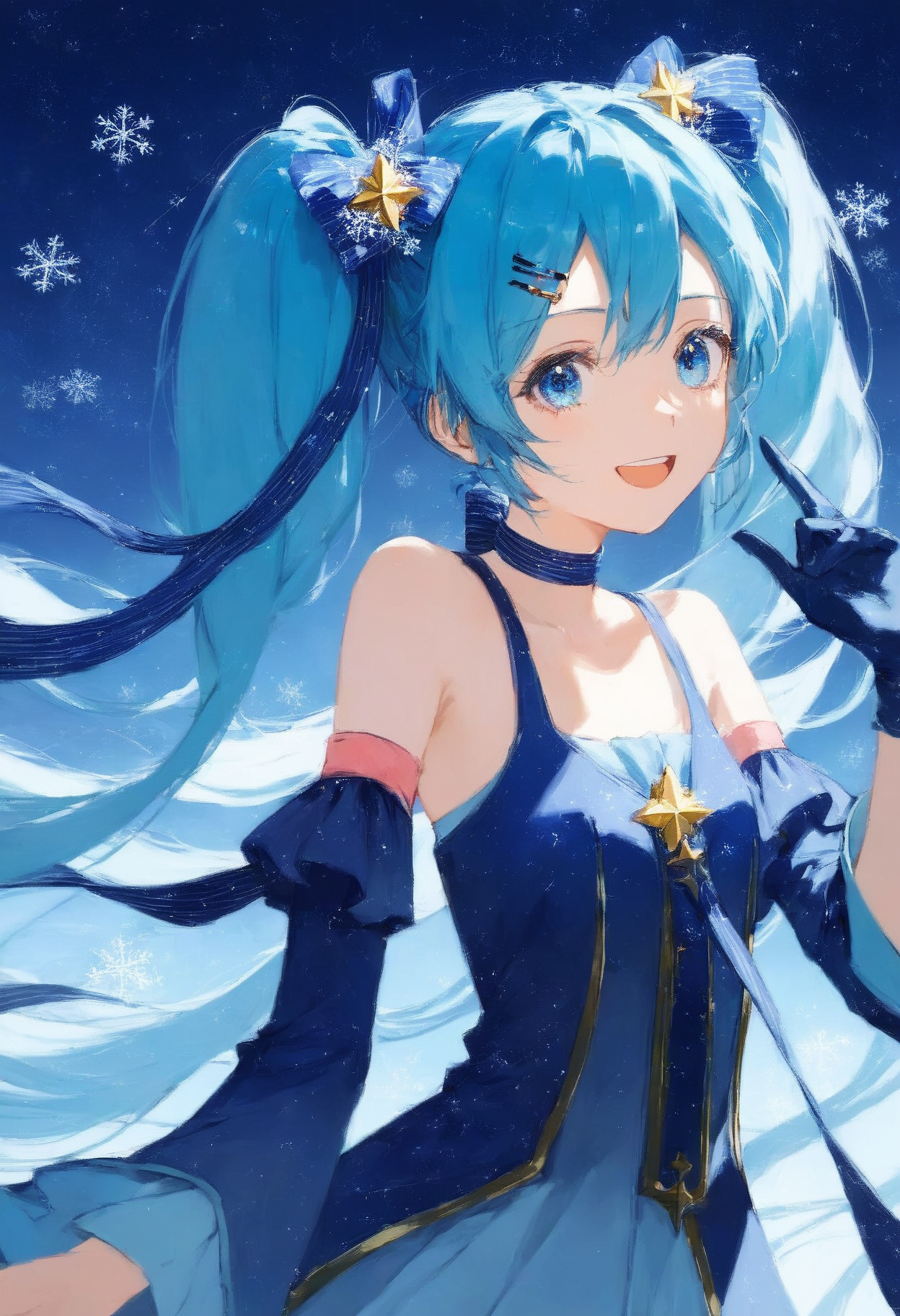 score_9,score_8_up,score_7_up,,source_anime BREAK  ,SHM17, hatsune miku, 1girl, yuki miku, constellation print, long hair, star \(symbol\), twintails, solo, blue hair, blue eyes, open mouth, hair ornament, very long hair, gloves, detached sleeves, dress, smile, blue dress, ribbon, star hair ornament, looking at viewer, starry sky print, hairclip, snowflakes, striped ribbon, upper body, hair bow<lora:éªãã¯17:0.7>