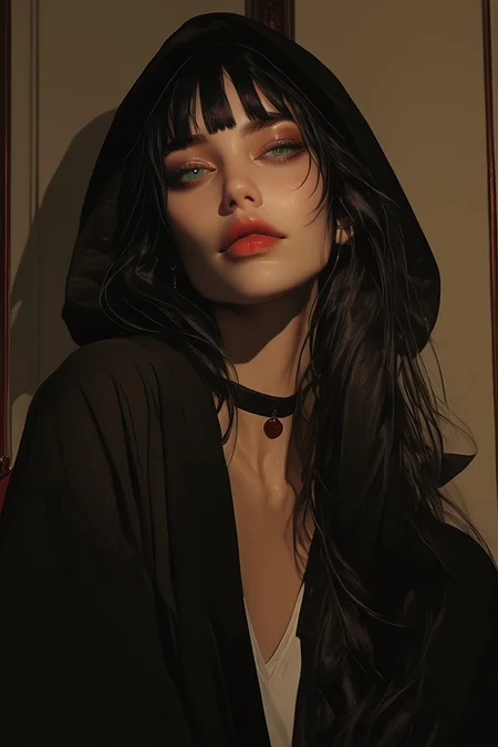 3l3ganc3,masterpiece,best quality, highly detailed, score_9, score_8_up, score_7_up, score_6_up, source_cartoon, full body shot, dramatic, 
 BREAK
cowboy shot,
3l3ganc3, realistic, semi-realism, very close-up, 1girl, solo, red hair, lips, looking at viewer, portrait, bangs, hood, hood up, long hair, green eyes, choker, red lips, parted lips, nose <lora:Elegence_Niji:1.35> <lora:Expressive_H-000001:0.4> <lora:g4n1m3XLP:0.6> <lora:comicbookpage_style:0.9>