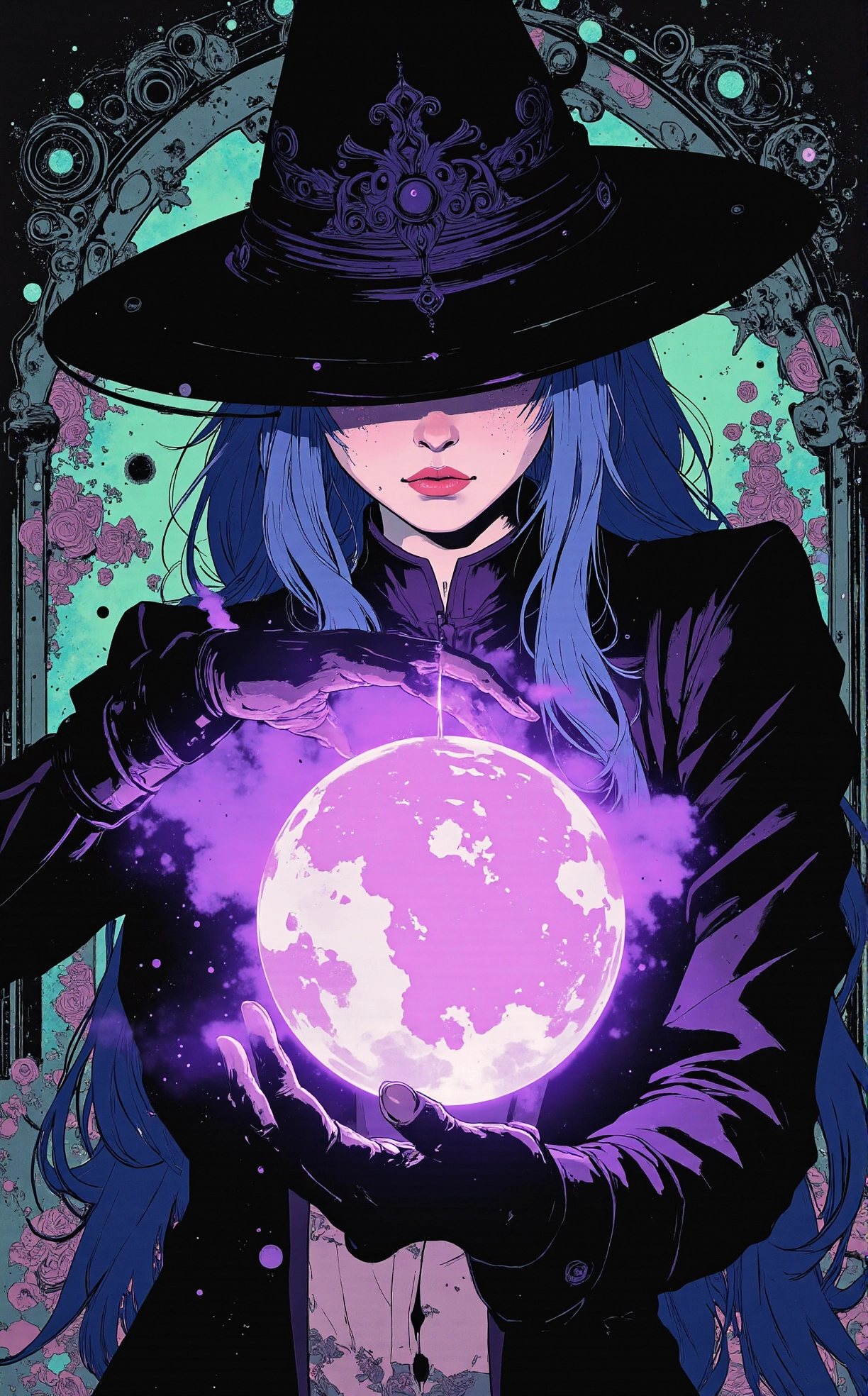 Off-center composition, medium close-up, The image is a digital illustration of a dark and mysterious creature. The creature appears to be a woman with long blue hair, wearing a black hat with intricate designs on it. The hat is tilted slightly to the side, and the woman's face is partially obscured by the hat. She is holding a purple crystal ball in her right hand, with her left hand extended towards the crystal ball. The crystal ball is glowing with a purple light. The background is filled with intricate patterns and designs, creating a sense of depth and mystery. The overall mood of the image is dark and eerie., dark and dim light, anime artwork comic anime art by Takasaki Masaharu, surrealism art by David Aronson, , Symbolism, Jewish themes, allegorical narratives, surreal atmospheres, intricate detailing, Realism, portraits, detailed, lifelike . graphic illustration, comic art, graphic novel art, vibrant, highly detailed . anime style, key visual, vibrant, studio anime, highly detailed