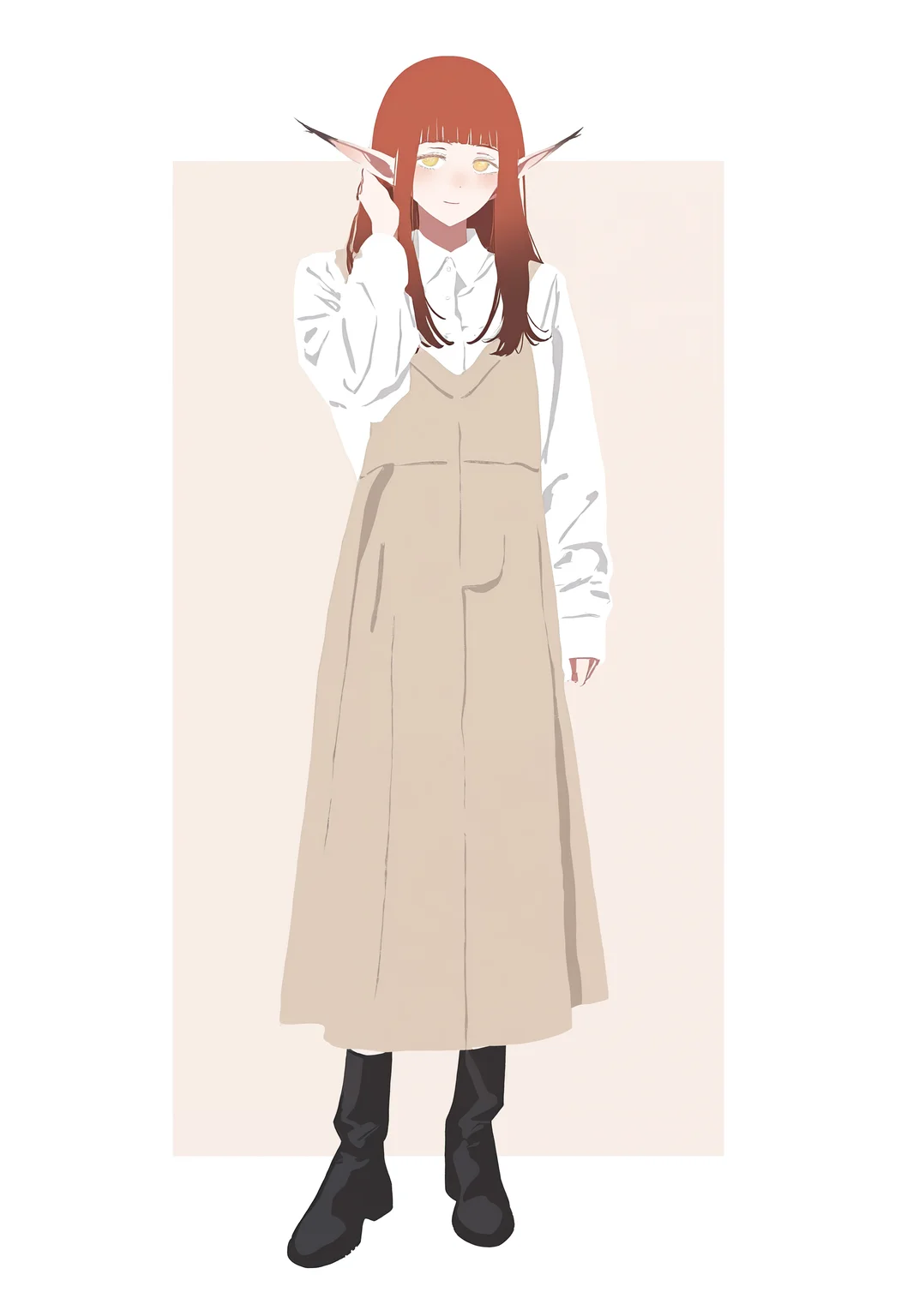 masterpiece, highres, absurdres, newest, very awa, flat color, 1girl, solo, full body, hulkenberg \(metaphor refantazio\), pointy ears, red hair, long hair, blunt bangs, overall dress, white dress shirt, shirt under dress, black boots, hand in own hair, arm up, soft smile, paneled background, two-tone background, <lora:spo_sdxl_10ep_4k-data_lora_webui>, <lora:TA_trained:0.35>, <lora:NOOB_EPSv1_1_detailer_by_vlnvk_v0_5>, <lora:georgie-san:0.8>, <lora:hulkenberg:0.7>