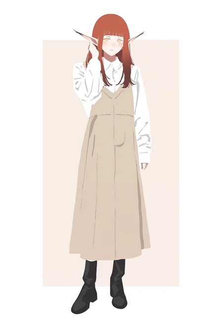 masterpiece, highres, absurdres, newest, very awa, flat color, 1girl, solo, full body, hulkenberg \(metaphor refantazio\), pointy ears, red hair, long hair, blunt bangs, overall dress, white dress shirt, shirt under dress, black boots, hand in own hair, arm up, soft smile, paneled background, two-tone background, <lora:spo_sdxl_10ep_4k-data_lora_webui>, <lora:TA_trained:0.35>, <lora:NOOB_EPSv1_1_detailer_by_vlnvk_v0_5>, <lora:georgie-san:0.8>, <lora:hulkenberg:0.7>