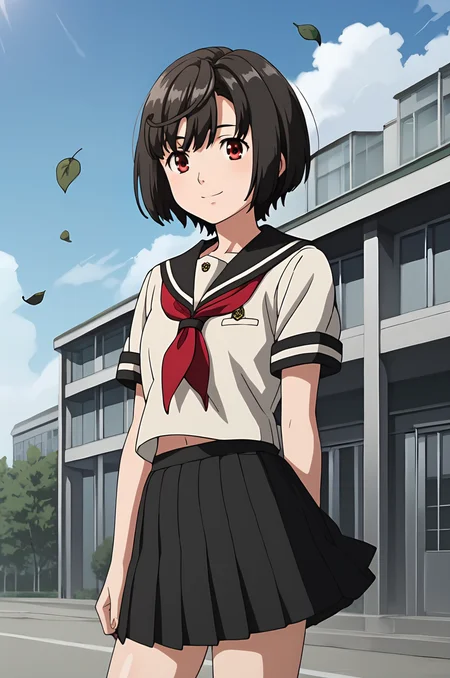 score_9, score_7_up, source_anime,  <lora:aiko_tachibana:1> aiko_wz, black hair, short hair, red eyes, school uniform, serafuku, red neckerchief, short sleeves, black skirt, pleated skirt, standing, looking at viewer, light smile, wind, outdoors, city, nature, sky, blue sky, leaf, cinematic light