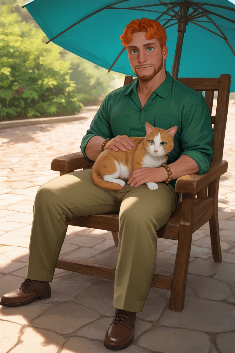 expressive manly face, shadow, dynamic angle, intricately detailed, depth of field, masterpiece, best quality, amazing quality, very aesthetic, absurdres, newest, very awa, 1boy, make focus, solo,coralcharles,orange hair,short hair,blue eyes,facial hair,freckles,summercharles, green collared shirt, tan pants, brown shoes, beads bracelet, lounging on chair, under an umbrella, petting a cat