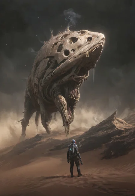 ((cinematic concept-art style)), an awe-inspiring fictional starship, presumably of non-human origins, partially buried, amidst sand dunes,