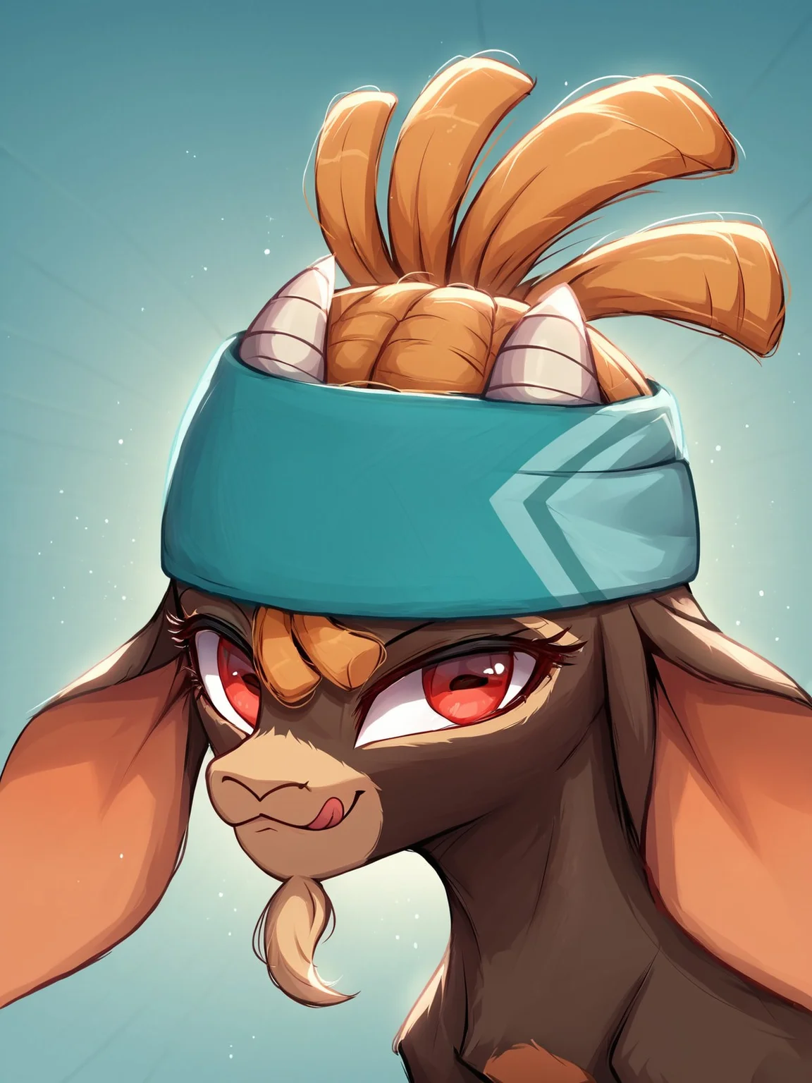score_9,score_8,score_7,source_furry,
(detailed background, depth of field),
(intricate:1.1),
(high detail:1.2),
(soft focus),
(masterpiece, best quality, 4k, 2k, shaded, absurd res),
hyper realism,
<1girl:1.5>,
<solo:1.5>,
shanty_tfherds, shanty_tfh, shanty_goat, goat girl, safe, no humans, solo, horns, simple background, looking at viewer, smile, 1girl, closed mouth, headband, red eyes, face zoom, face focus,
<lora:Shanty_Pony_SDXL:1> shanty_tfherds, happy,
smile,
teeth,
tongue