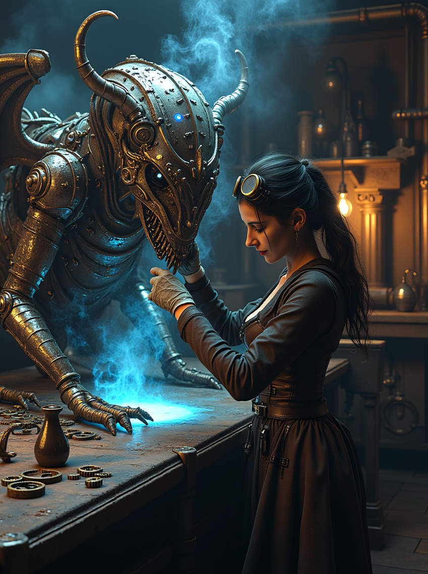 newfantasycore. 
This is a highly detailed, digital artwork featuring a steampunk-inspired woman working in her workshop, surrounded by intricate machinery and dark fantasy elements. She wears a leather corset, goggles resting on her forehead, and a long, tattered coat. Her gloves are stained with oil as she carefully adjusts a massive, mechanical contraption—half-clockwork, half-creature—glowing with faint blue energy.

The contraption resembles a twisted, armored dragon with mechanical wings and glowing eyes. Steam hisses from pipes and cogs, filling the air with a metallic scent. On a nearby workbench, a collection of arcane tools and enchanted gears sparkle with dark magic, hinting at the alchemy at play. The room is dimly lit, with brass pipes and gears covering every surface, while strange symbols pulse faintly along the walls, adding to the sense of mystery and danger.