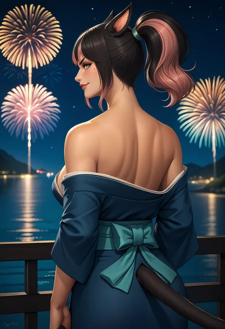 score_9, score_8_up, score_7_up BREAK <lora:clamXIVMC_v30:1> solo, 1girl, xivmc, animal ears, two-tone hair, ponytail, eyes, slit pupils, freckles, tail, makeup, lipstick, looking back, from behind, off-shoulder kimono, smirk, blush, bare shoulders, rimlight, night, japanese clothes, fireworks, depth of field, arms at sides
