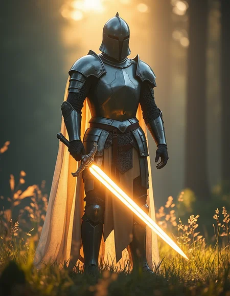 Imagine an image of an armored paladin standing in a sunlit meadow, a radiant sword glowing in their hands.