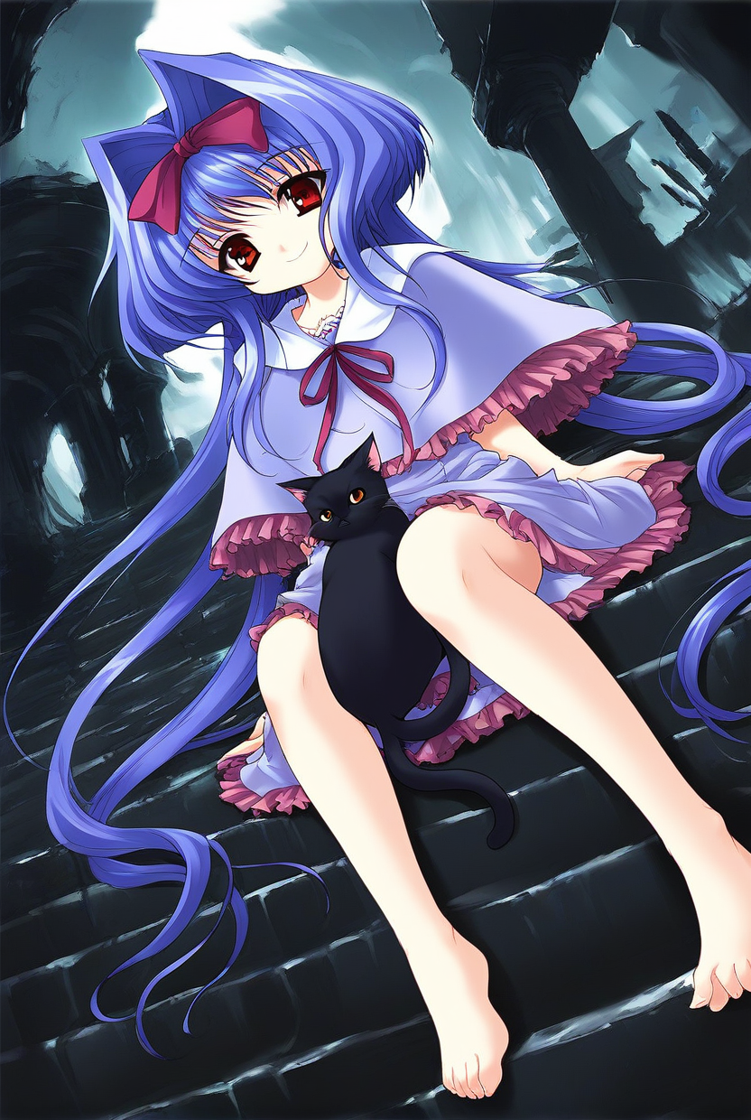 score_9, score_8_up, score_7_up, source_anime, rating_explicit, BREAK  <lora:Shion_IES_Ver2.0_XL:1> Shion_IES, very long hair, blue hair, hair bow, hair intakes, brown eyes, short stack,
cat, solo, barefoot, sitting, stairs, dress, black cat, purple hair, capelet, dutch angle, red eyes, hair ribbon, bow, smile,
ruins, cave,