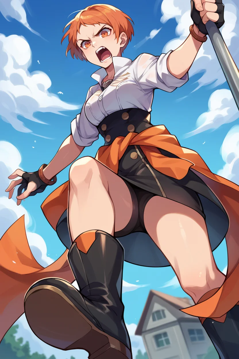 score_9, score_8_up, score_7_up, score_6_up, source_anime BREAK 1girl, solo <lora:leonie-pdxl-nvwls-v1-000005:1> defLeonie, short hair, orange hair, orange eyes, white shirt, high-waist skirt, black skirt, clothes around waist, black gloves, fingerless gloves, boots, serious, yelling, from below, jumping, holding spear, blue sky, looking at you