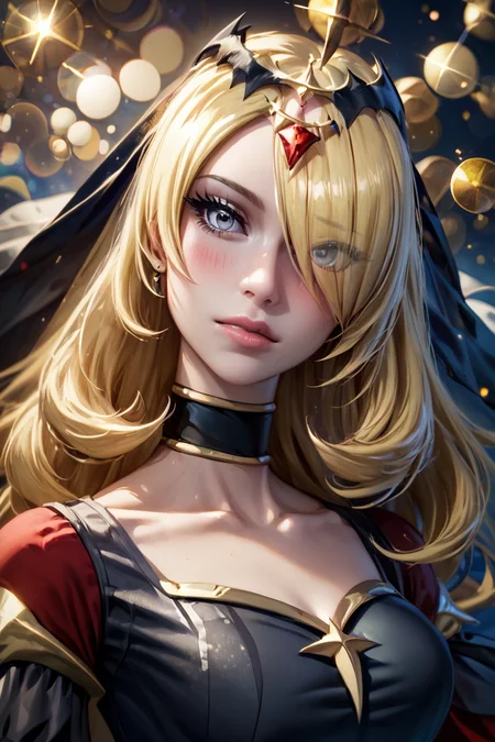 score_9, score_8_up, score_8, medium breasts, (curvy), cute, eyelashes, BREAK, , ,,, zzCynthiaRenegade, grey eyes, long hair, blonde hair, hair over one eye, hair ornament, official alternate costume, black dress, black choker, veil, tiara, collarbone, <lora:CynthiaRenegade_Pokemon_PDXL:1.0>, ,,, , BREAK, (ultra realistic,32k, masterpiece:1.2),(high detailed skin:1.1),( high quality:1.1), curvy, head tilt, hearts, blush, lips, closed mouth, curvy, head tilt, shiny clothes, (upper body), looking at viewer, bokeh, luminescent background, ,,, embedding:zPDXL, Expressiveh, ,,, <lora:RlAnmPDXL:1.0>,