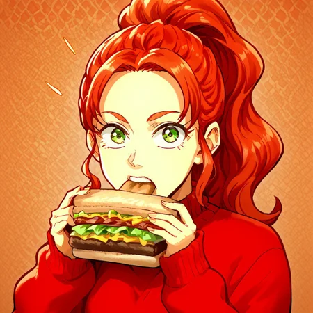 solo, 1girl, mars_hdt, red hair, green eyes, ponytail, red sweater, deli, holding, sandwich, biting , looking at viewer, surprised, absurdres, 4kres, source_anime, score_7_or_higher, Freebo_alloy,