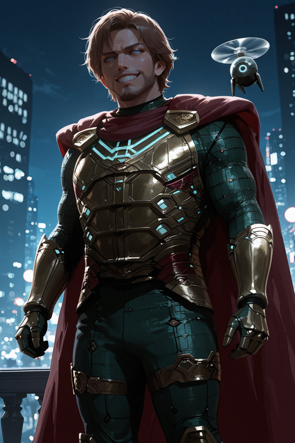 masterpiece, good quality, best quality, very awa, very as2, absurdres, highres 
<lora:MysterioilluLora:1>Mysterio, short hair, facial hair, bodysuit, breastplate, gold armor, red cape, gauntlets, thigh straps, armored boots, evil grin, night, cityscape, cowboy shot, drone,