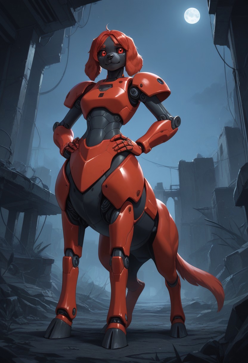 score_9,score_8_up,score_7_up,score_6_up,score_5_up,score_4_up, BREAK ((Spaniel)), robot, centaur, solo, smile, industrial ruins, night, hooves, red horse tail, Robot girl, Mecha, Android, mechanical limbs, robot joints, red metal skin, black sclera, no mouth, armor, glowing eyes, furry, red hair, ((dog head, floppy dog ears, dog nose,)) hand on hip