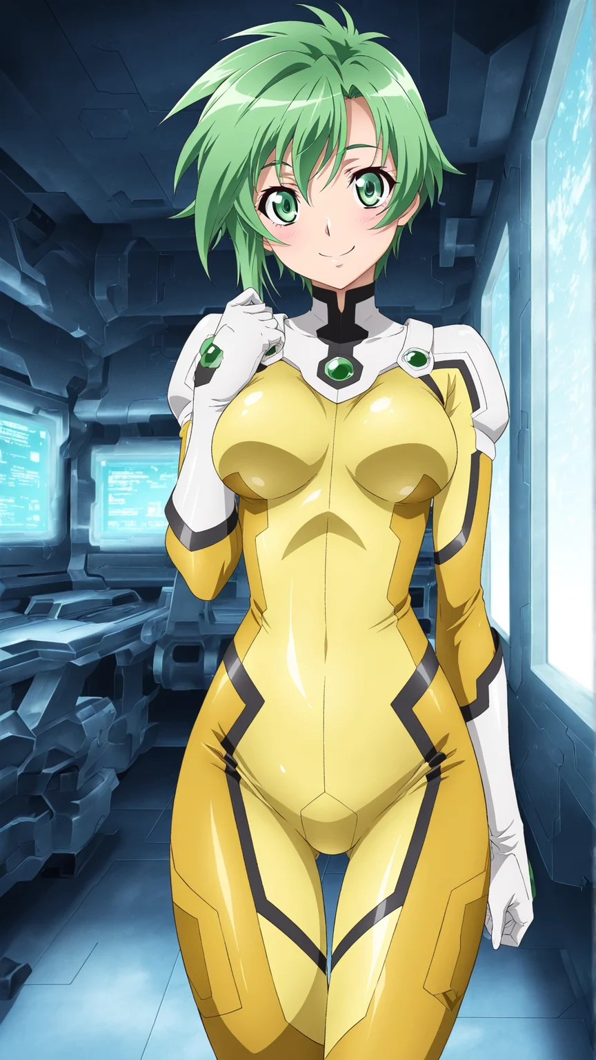 masterpiece, best quality, anime coloring, room,science fiction, 
1girl,solo, smile
  <lora:Elnie-Tachibana_lL_v01:1> elnie-tachibana, green hair, bodysuit, green eyes, short hair, yellow bodysuit, pilot suit, thigh gap, skin tight