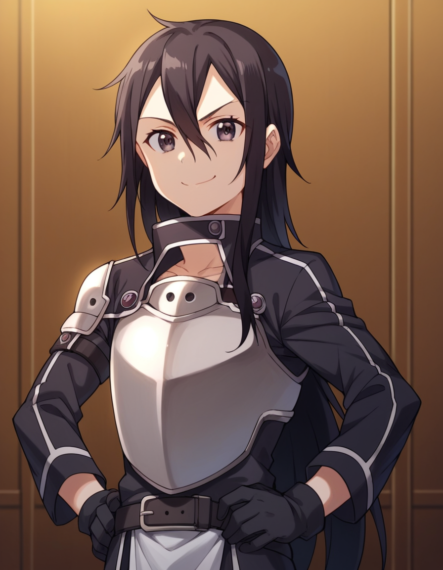 score_9, score_8_up, score_7_up, source_anime, <lora:kazuto-kirigaya-s2-ponyxl-lora-nochekaiser:1>, kazuto kirigaya, long hair, black hair, male focus, black eyes, otoko no ko, androgynous, hair between eyes,, gloves, armor, breastplate, belt, long sleeves, black jacket,, indoors, smug, smile, looking at viewer, solo, hands on hips,, cowboy shot, dutch angle