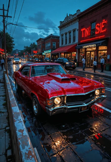 An1meL1nes, A nostalgically crafted relic of the past, a meticulously restored deep pearlescent classic 60's muscle car cruises through the dusk streets with an intimidating elegance. The vintage vehicle gleams with a lustrous sheen, showcasing its aerodynamic lines and sharp accents as it cruises along the asphalt. This evocative scene is captured in a vividly detailed oil painting, where every brushstroke highlights the car's classic styling and pristine condition. Impeccably rendered, this image transports viewers to a bygone era of automotive luxury and style. <lora:FluxMythAn1meL1nes:1>