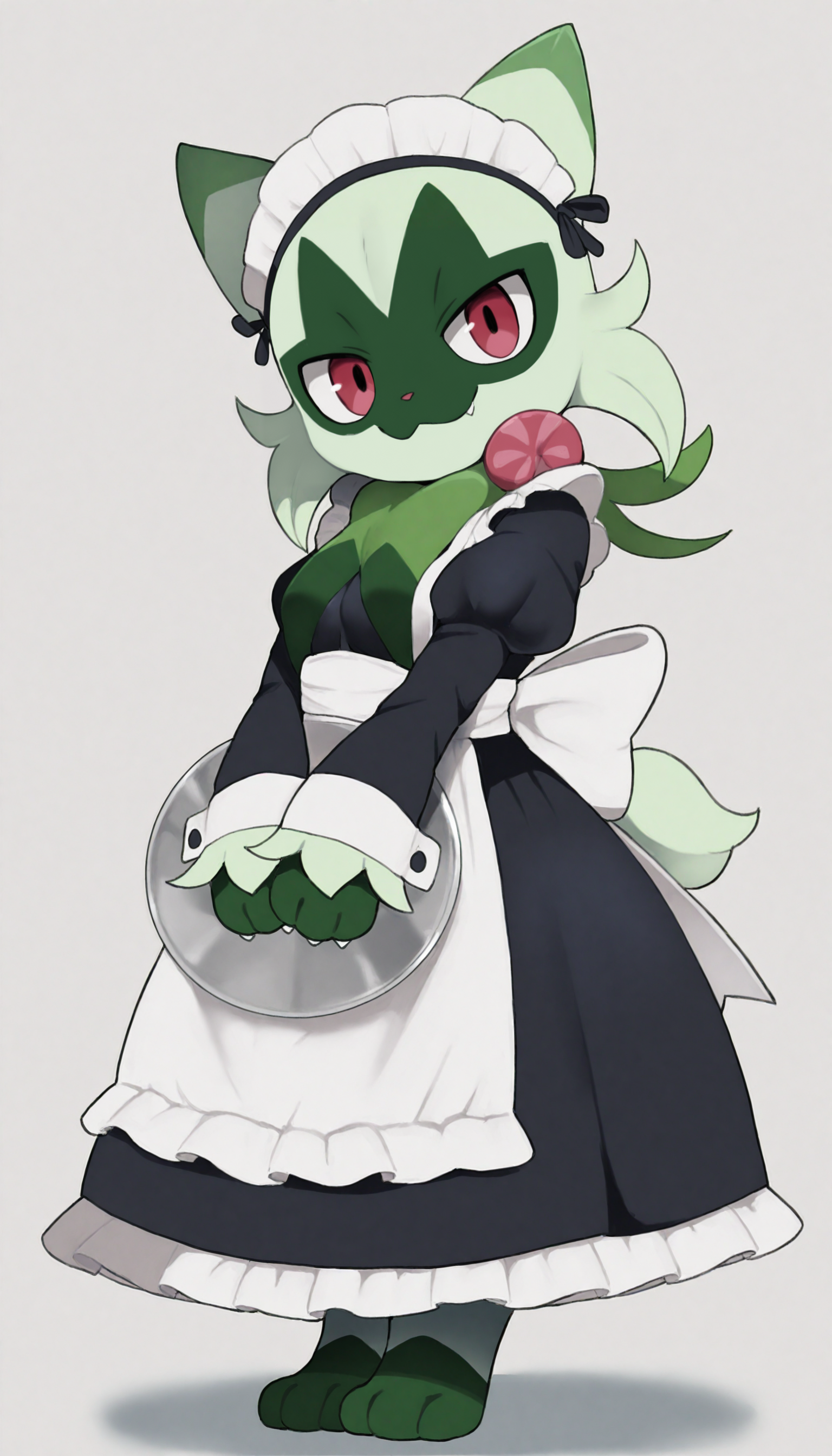 1girl,furry female,anthro,pokemon \(creature\),floragato,cat girl,tail,red eyes,green fur,two-tone fur,animal nose,body fur,small breasts,green hair,animal hands,animal feet,
(dagasistyle:0.9),(rememx:0.7),solo,(simple background:1.1),white background,(from side:0.8),(full body:1.1),head tilt,
standing,legs together,closed mouth,smile,looking at viewer,v arms,holding plate,
(maid:1.1),black dress,long dress,maid headdress,huge bow,
juliet sleeves,long sleeves,frilled dress,frills,
masterpiece,best quality,highres,absurdres,newest,very awa,uncensored,
