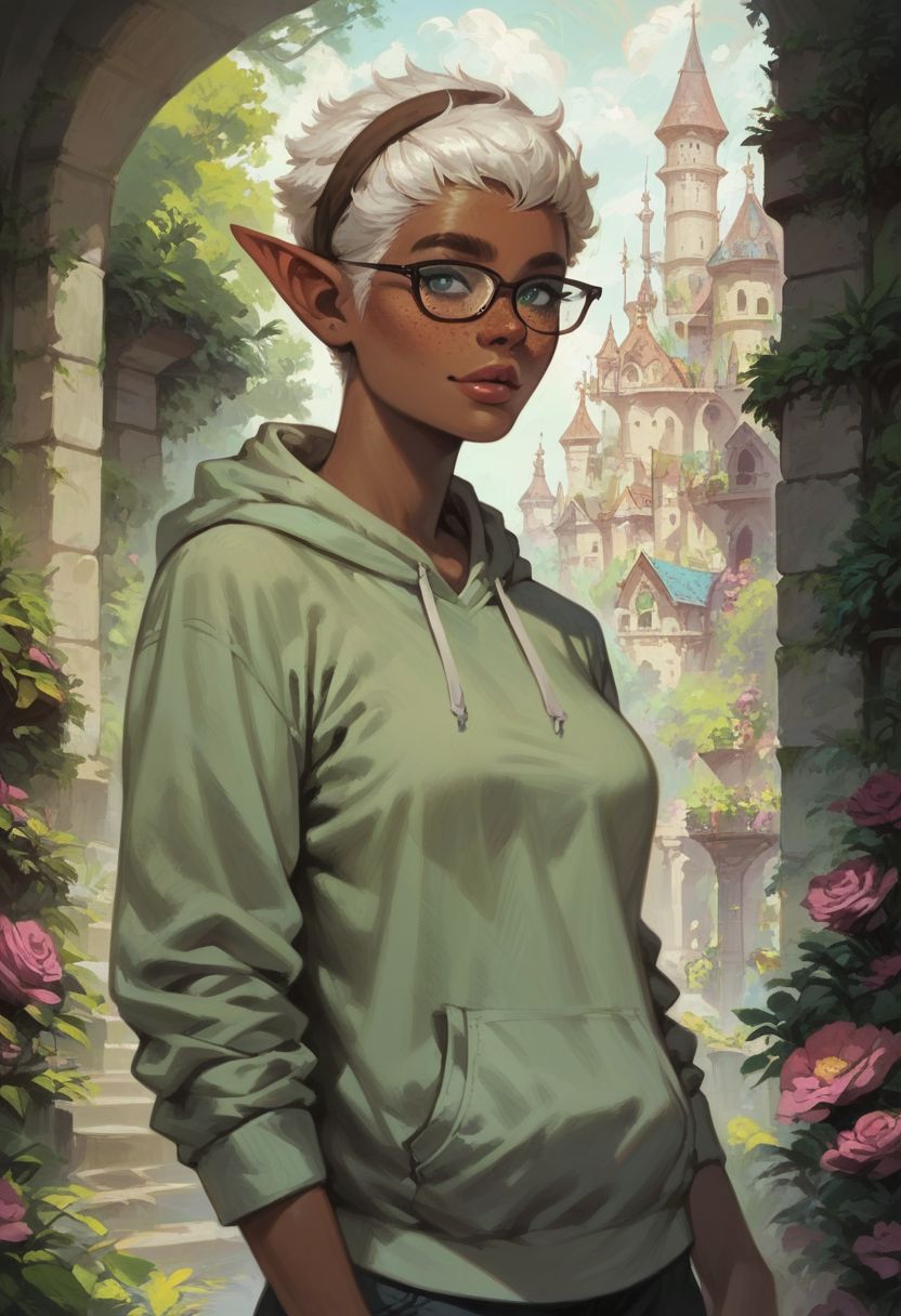 score_9, score_8_up, score_7_up, elf, pointed ears, casual clothing, hoodie, solo, dark skin, white hair, medium breasts, brown eyebrows, freckles, big lips, glasses, headband, makeup, castle garden, flirty face and body language, tomboy
