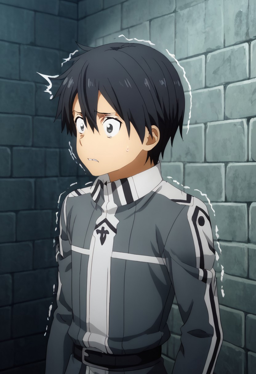 high resolution, solo, best quality, 1Boy, Kazuto Kirigaya, Black Hair, Black Eyes, Huddled in corner, shaking, anxious, vulnerable,
