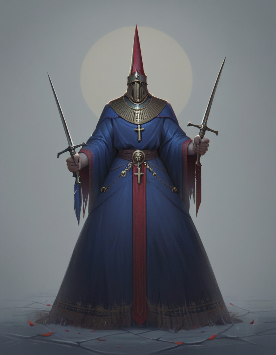 Thick layered papercut art of score_9_up,score_8_up,score_7_up,score_6_up,chiaroscuro,low-key,solo,1boy,holding,jewelry,standing,full body,weapon,sword,necklace,holding weapon,holding sword,helmet,cross,knife,dual wielding,robe,holding knife,candle,dagger,holding dagger,candlestand,<lora:cultistexl-000005:1>,<lora:zavy-cntrst-sdxl:0.8>,<lora:xl_more_art-full_v1:0.8>, . Deep 3D, volumetric, dimensional, depth, thick paper, high stack, heavy texture, tangible layers