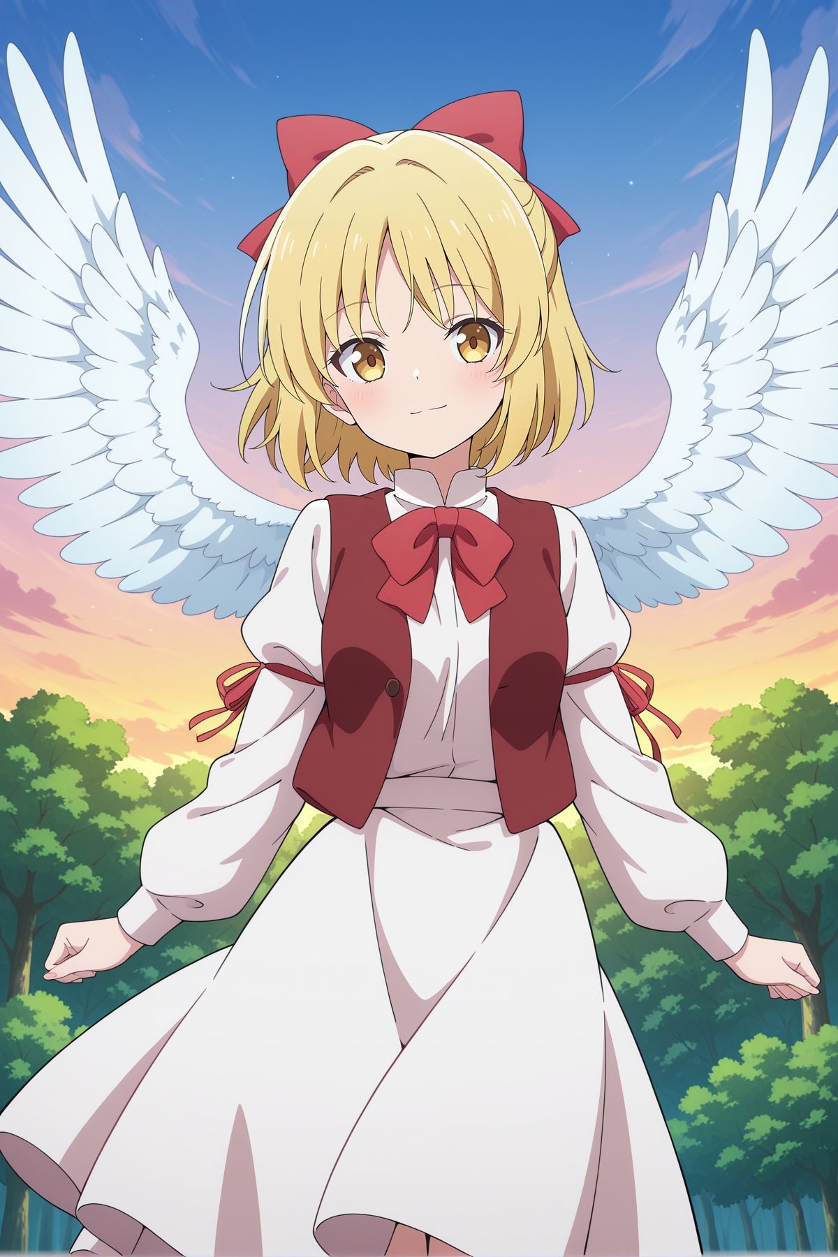 absurdres, highres, masterpiece, best quality, amazing quality, official anime artwork, screencap, anime screencap, outdoors, looking at viewer, light smile, dynamic pose, standing,
 <lora:Gengetsu_Illustrious:1> gengetsu, yellow eyes, blonde hair, short hair, angel wings,, hair bow, red bow, red bowtie, red vest, open vest, white shirt, puffy long sleeves, sleeve ribbon, white skirt,