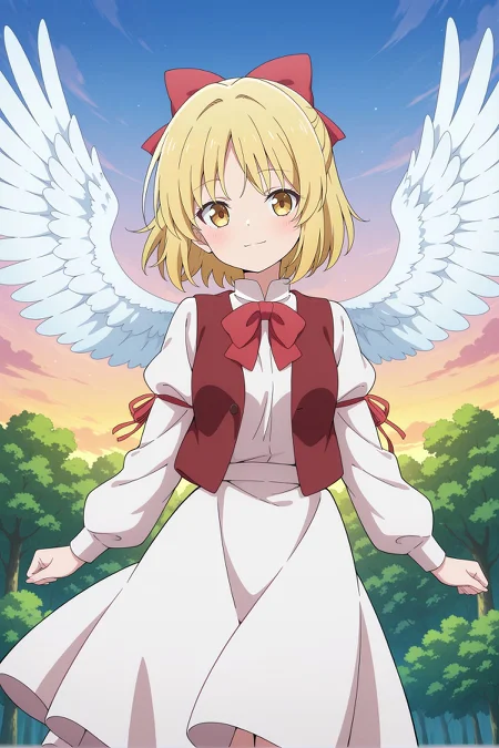 absurdres, highres, masterpiece, best quality, amazing quality, official anime artwork, screencap, anime screencap, outdoors, looking at viewer, light smile, dynamic pose, standing,
<lora:Gengetsu_Illustrious:1> gengetsu, yellow eyes, blonde hair, short hair, angel wings,, hair bow, red bow, red bowtie, red vest, open vest, white shirt, puffy long sleeves, sleeve ribbon, white skirt,