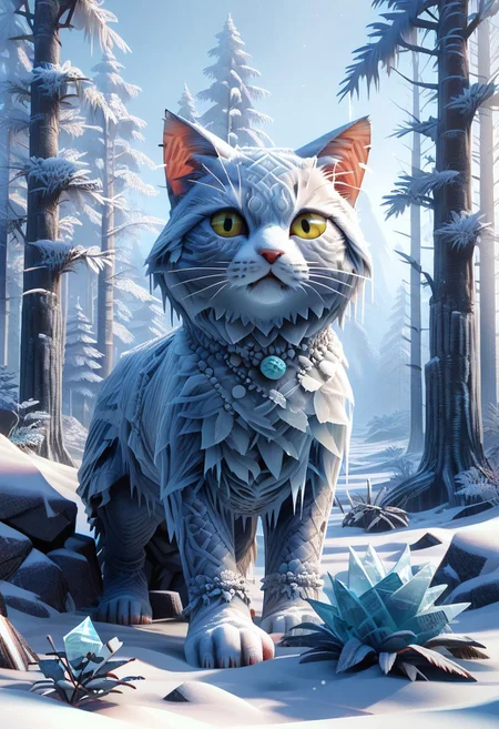 score_9, score_8_up, score_7_up, source_anime, deep colors, high quality, high resolution, detailed, highres, no humans, source_furry,
fr0stwrld, snow, ice,
solo, cat,
meadow mountain forest background,
n64zeldastyle, 3d, polygonal, full body,