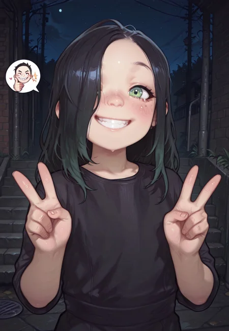 4k, fine detail, high quality eyes, masterpiece, best quality, amazing quality, geh1, 4s0r4,, eigaka, possmach, artist:moriimee, 1 girl, solo girl, young, 3vilf, long hair, black hair, hair over one eye, green eyes, upper body, dress, thumbs up, smile, blush, grin, v, double v, night, 