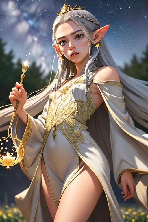 Portrait of a beautiful queen, 18yo, casting a spell, (small natural pointed ears:1.4), very long braided golden hair with silver highlights, gold circlet, (lips speaking a spell), large light grey eyes, surprised, medium breasts, (finely embroidered gossamer tunic and robe with stars design), random pose, outdoors, star filled sky, golden hour, professional hyperrealist art by Chuck Close, sharp focus, dramatic, award winning, dtx, (depth of field blurry background, blurry foreground, bokeh, (masterpiece), (extremely intricate:1.3), (hyperrealistic), HD