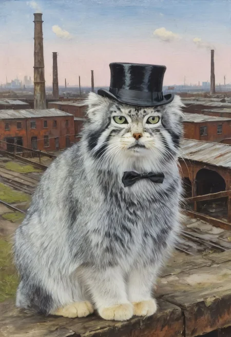 s4s the pallas's cat, cat wearing top hat and monocle in front of victorian factories in backgrounf, oil painting