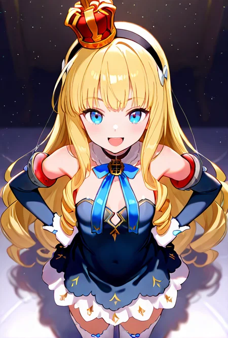masterpiece, High quality, Ultra detailed, 2d, newest, absurdres, highres, BREAK
1girl, solo, <lora:QNELI_v2_LISETTElora:0.8>, qneli, long hair, blonde hair, mini crown, black hairband, blue eyes,
small breasts, qnelidef, blue bow, short dress, dress, bare shoulders, detached sleeves, white gloves, white thighhighs,
from above, looking at viewer, smile, open mouth, hands on own hip,