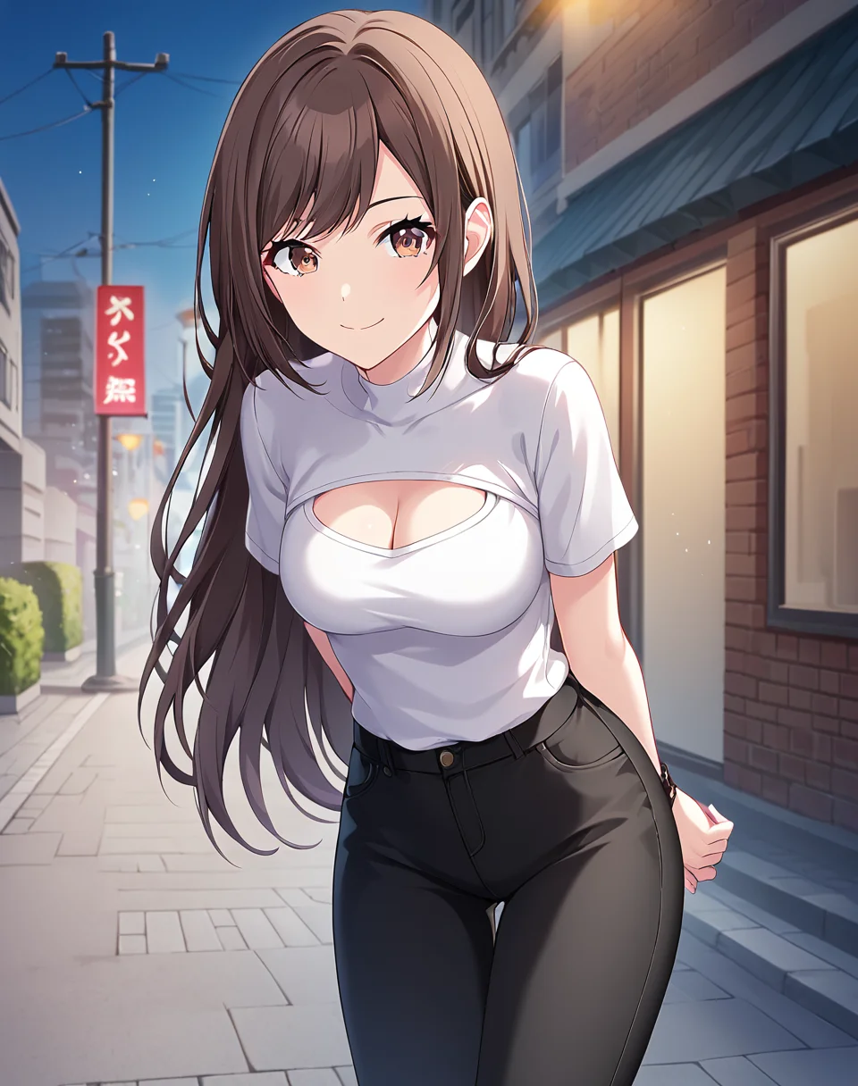 shinonome_ena, brown hair, brown eyes, long hair, white sweatshirt, cleavage cutout, short sleeves, black pants, official art, medium breasts BREAK outdoors, city street, night BREAK looking at viewer, sexy face, sexy smile, closed mouth, cowboy shot, slightly leaning forward, arms behind back, BREAK score_9, score_8_up, score_7_up, source_anime ,zPDXL, <lora:Shinonome_Ena:0.8>,