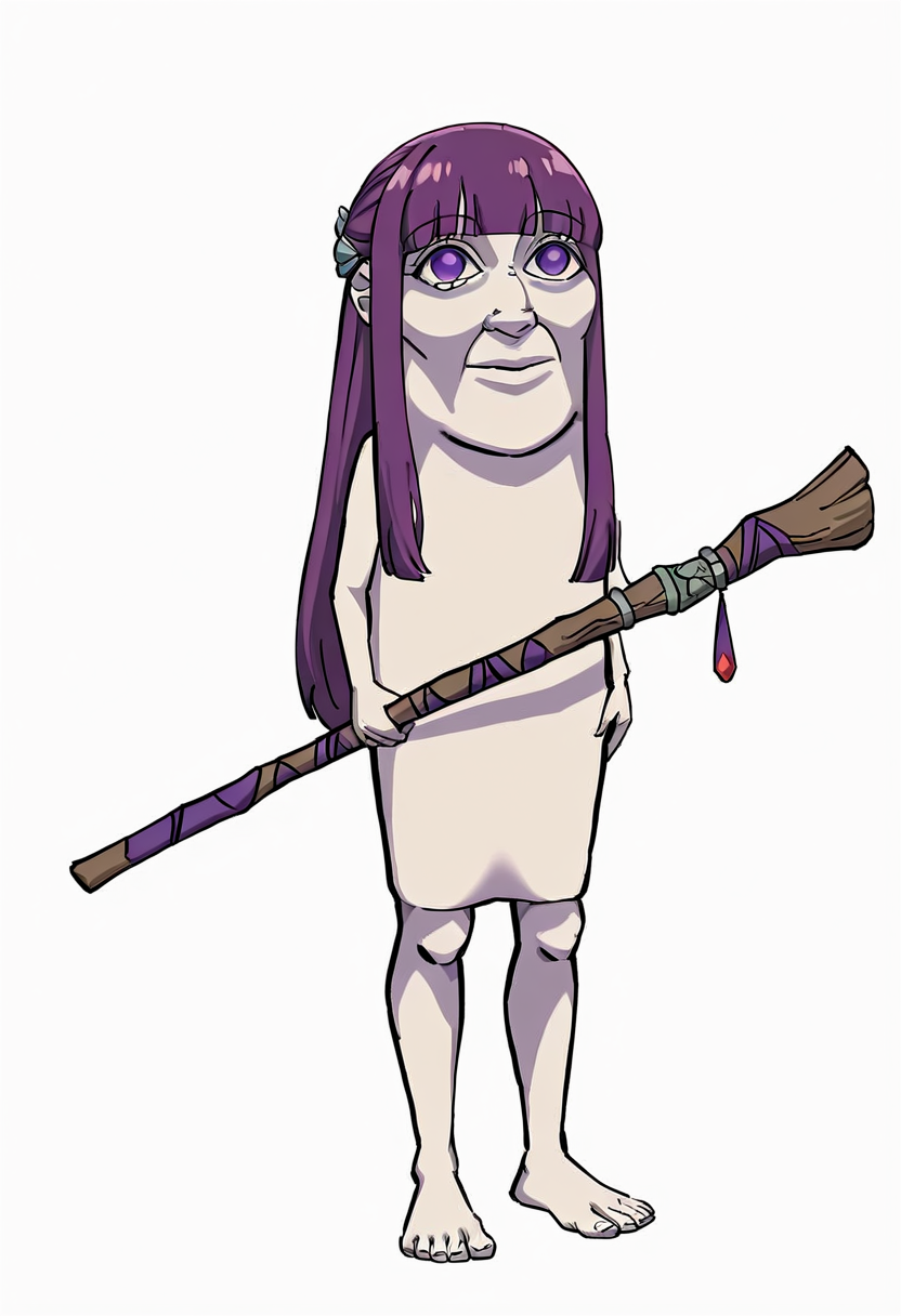masterpiece, high quality, best quality, 1girl, ttsahur, fern \(sousou no frieren\), simple background, white background, barefoot, full body, standing, holding weapon, holding staff, mage staff, (colored skin, purple skin), <lora:tung_tung_tung_sahur-000010:1>,